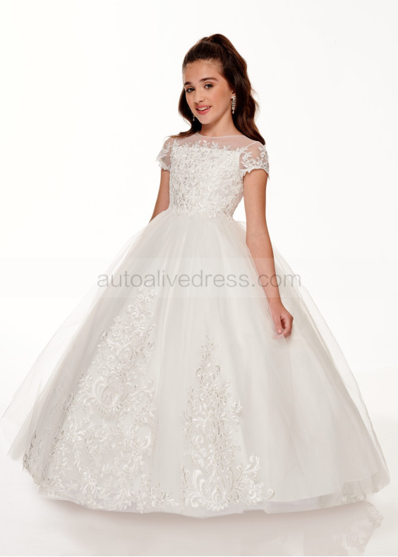 Short Sleeves Ivory Lace Tulle Latest Flower Girl Dress